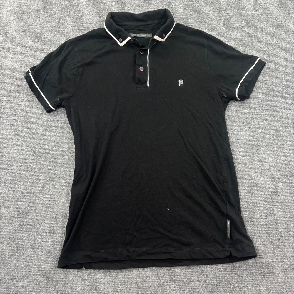 French Connection Polo Shirt Small Black Tipped Cotton Short Sleeve Men's